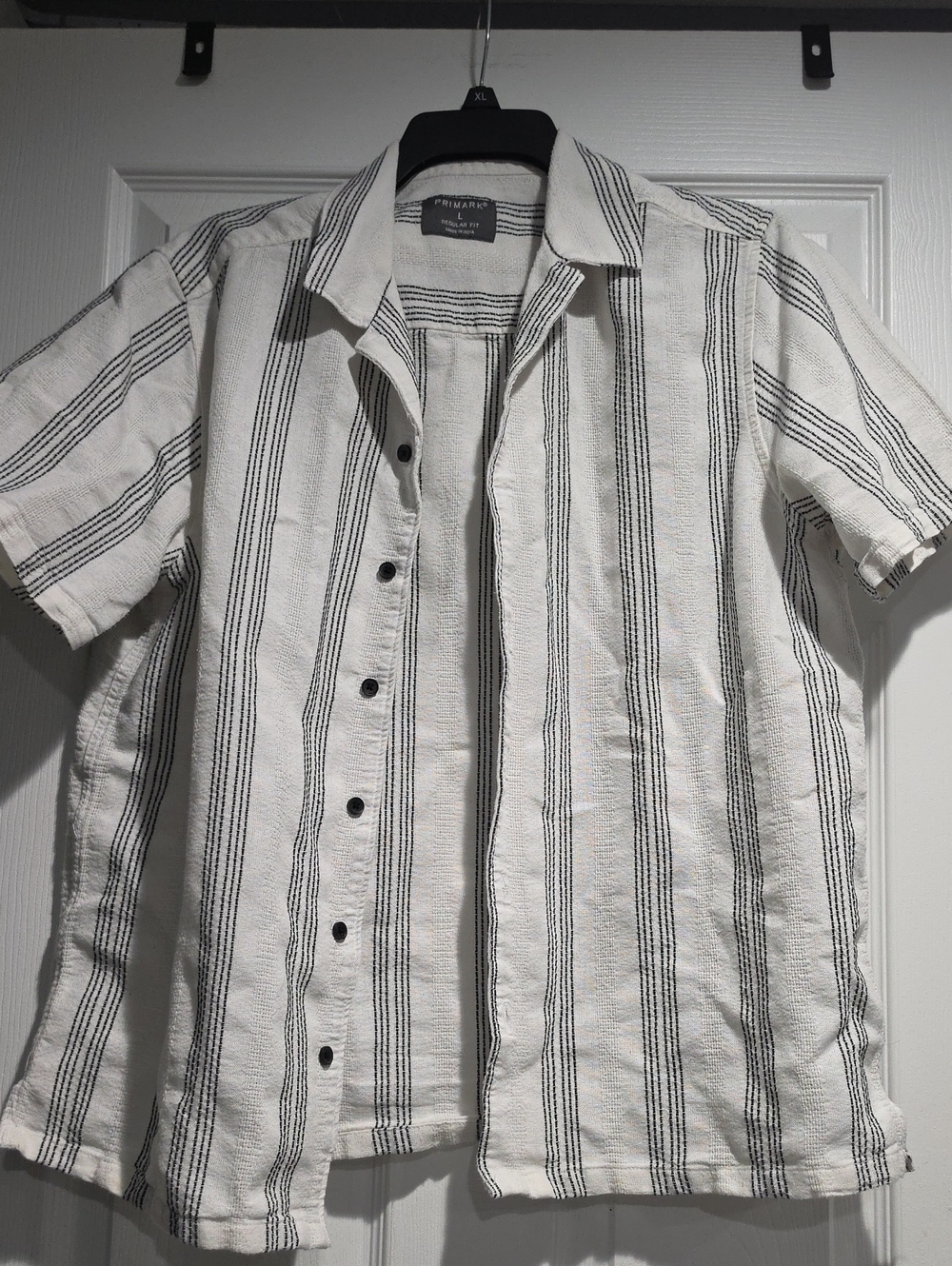 Primark White Shirt with Black Vertical Stripes — Short Sleeve Button-Down